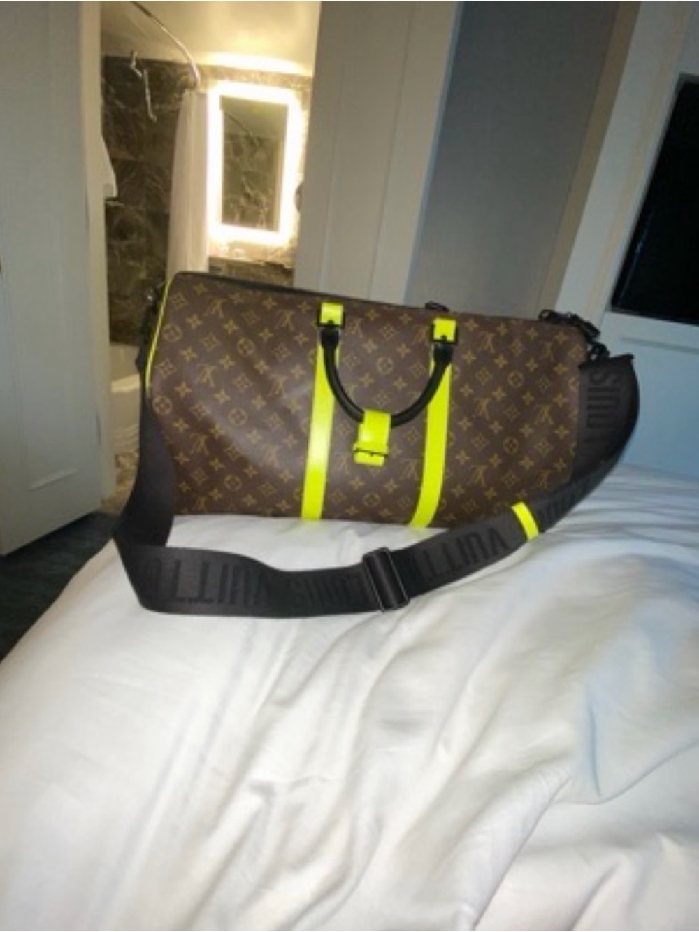 Louis Vuitton Brown Monogram Duffel with Neon Yellow Accents - Picture 2 of 3
